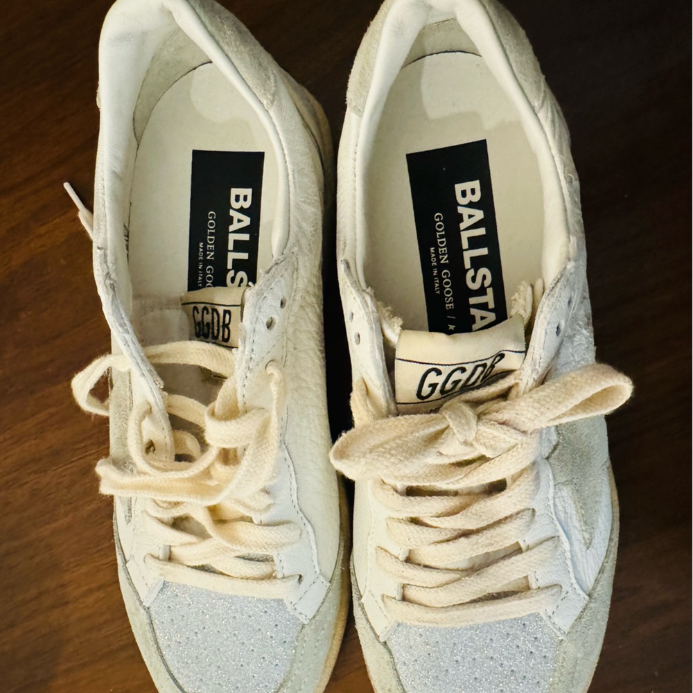 Golden Goose Distressed Ball Star Sneakers in Cream and White